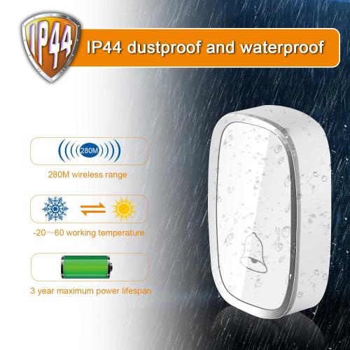 KZKJ Waterproof Wireless Doorbell with 280m Range, 36 Ringtones & 4 Volume Levels