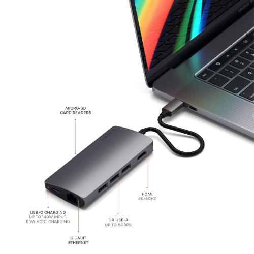 Satechi 8-in-1 USB-C Hub V2 with 115W PD Charging and 4K HDMI - Space Gray