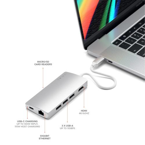 Satechi 8-in-1 USB-C Hub V2 with 115W PD Charging, 4K HDMI, Gigabit Ethernet - Silver