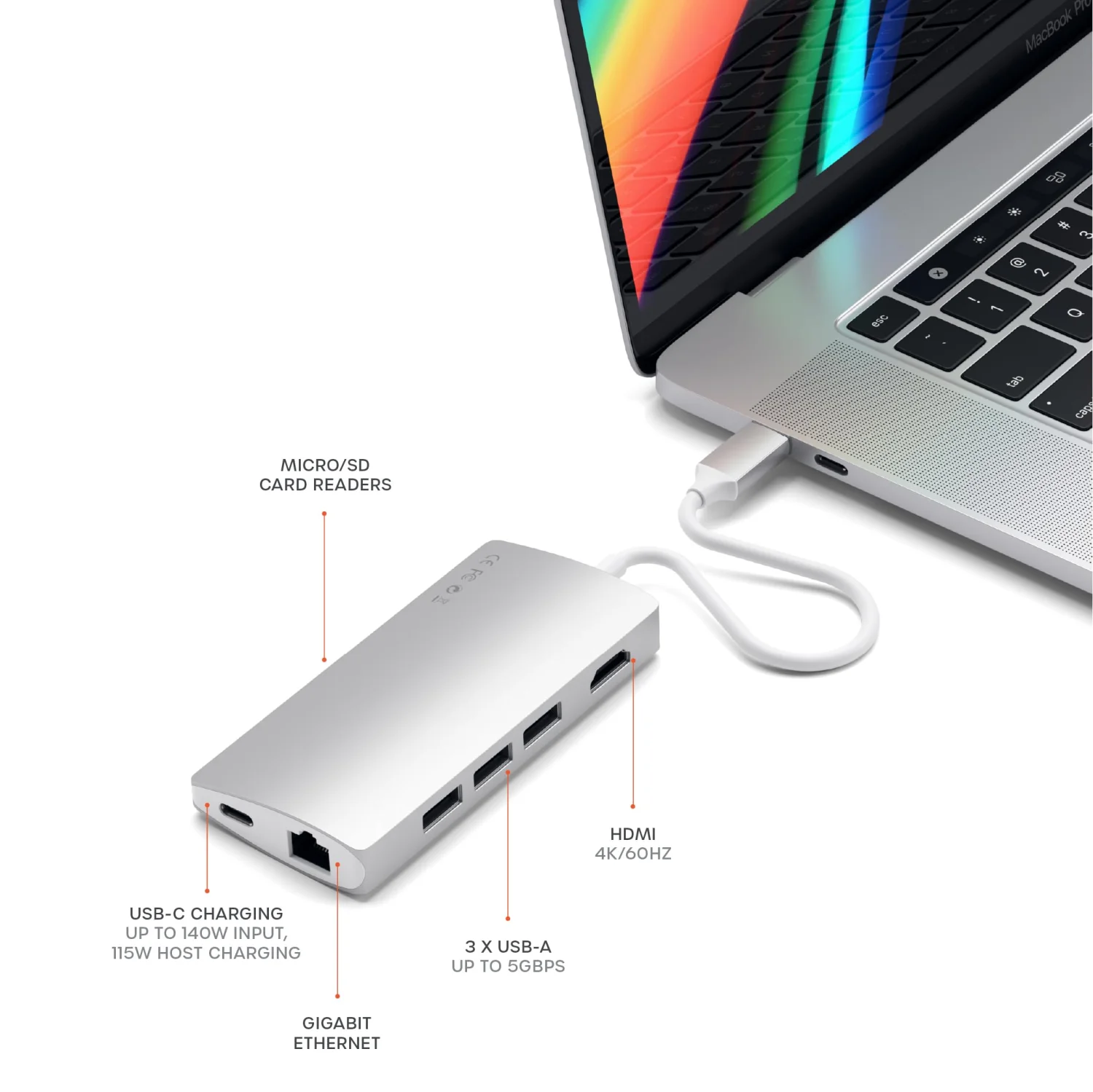 Satechi 8-in-1 USB-C Hub V2 with 115W PD Charging, 4K HDMI, Gigabit Ethernet - Silver 6