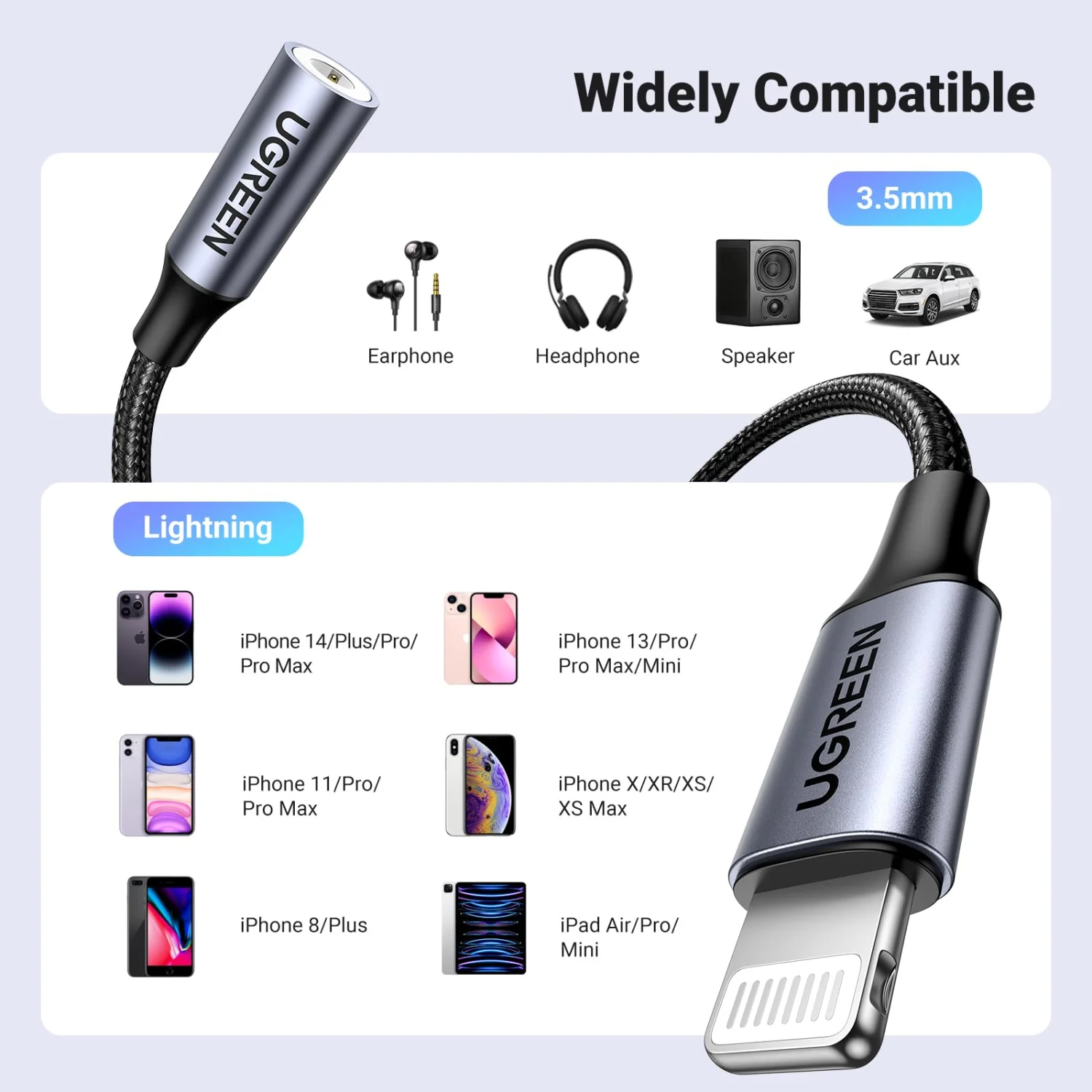 UGREEN Lightning to 3.5mm Headphone Jack Adapter MFi Certified Grey 30756 6