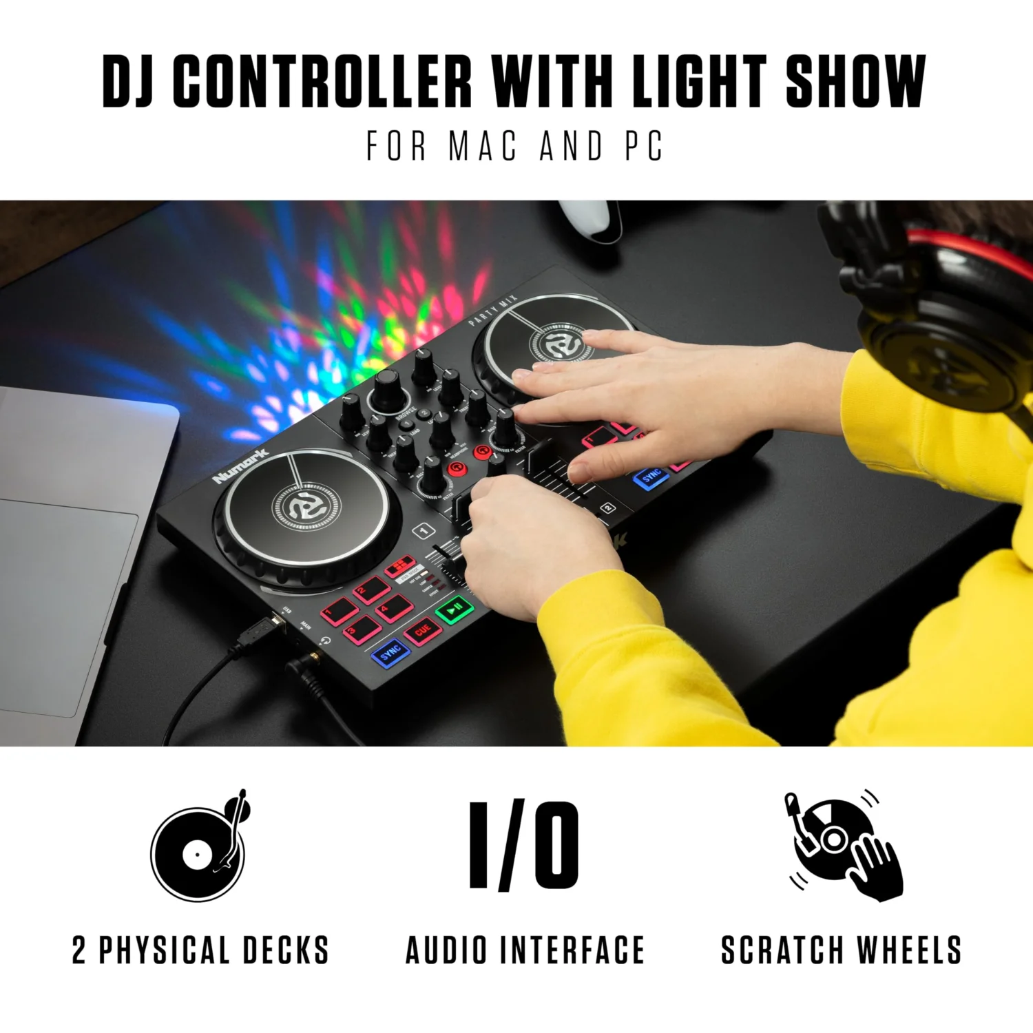 Numark Party Mix II 2-Deck DJ Controller with Built-in LED Lights & Audio Interface 3