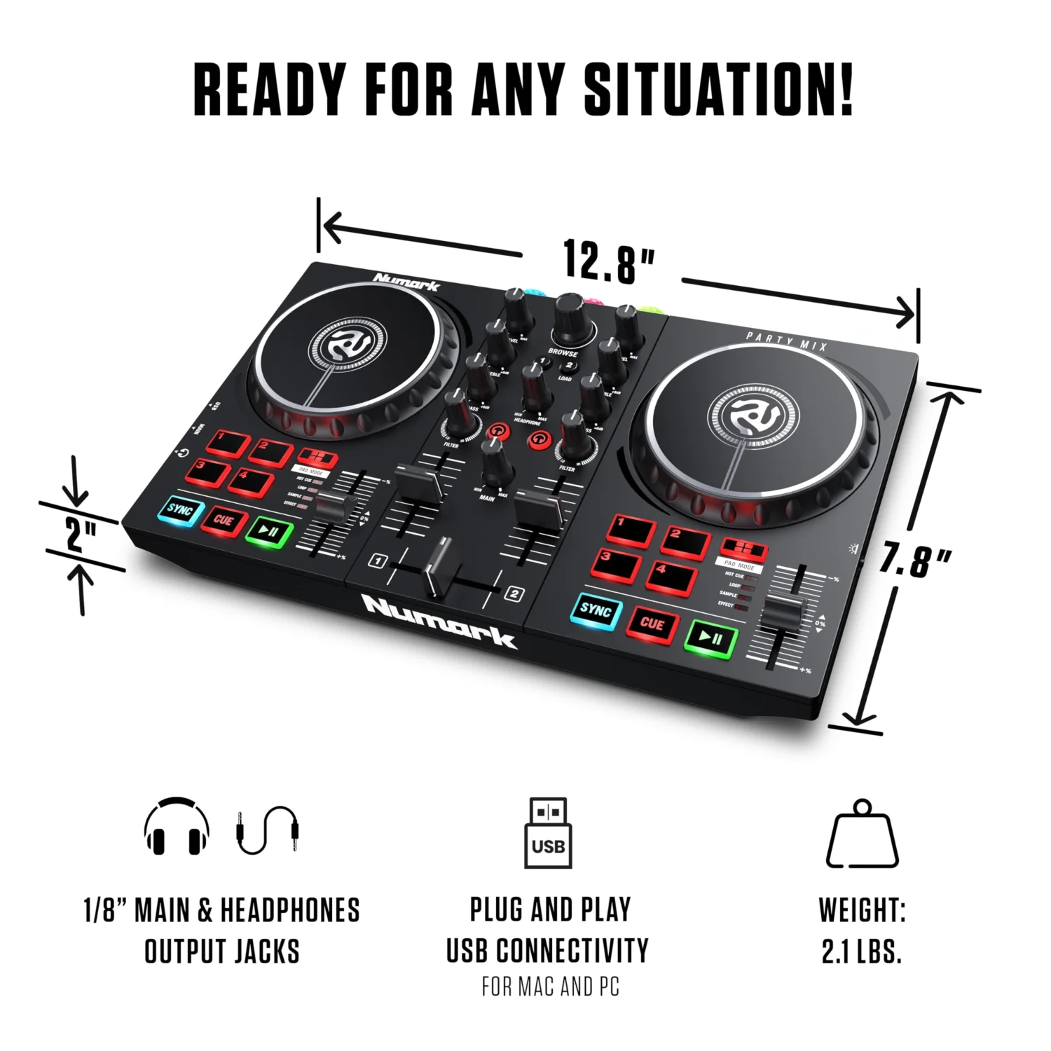 Numark Party Mix II 2-Deck DJ Controller with Built-in LED Lights & Audio Interface 7
