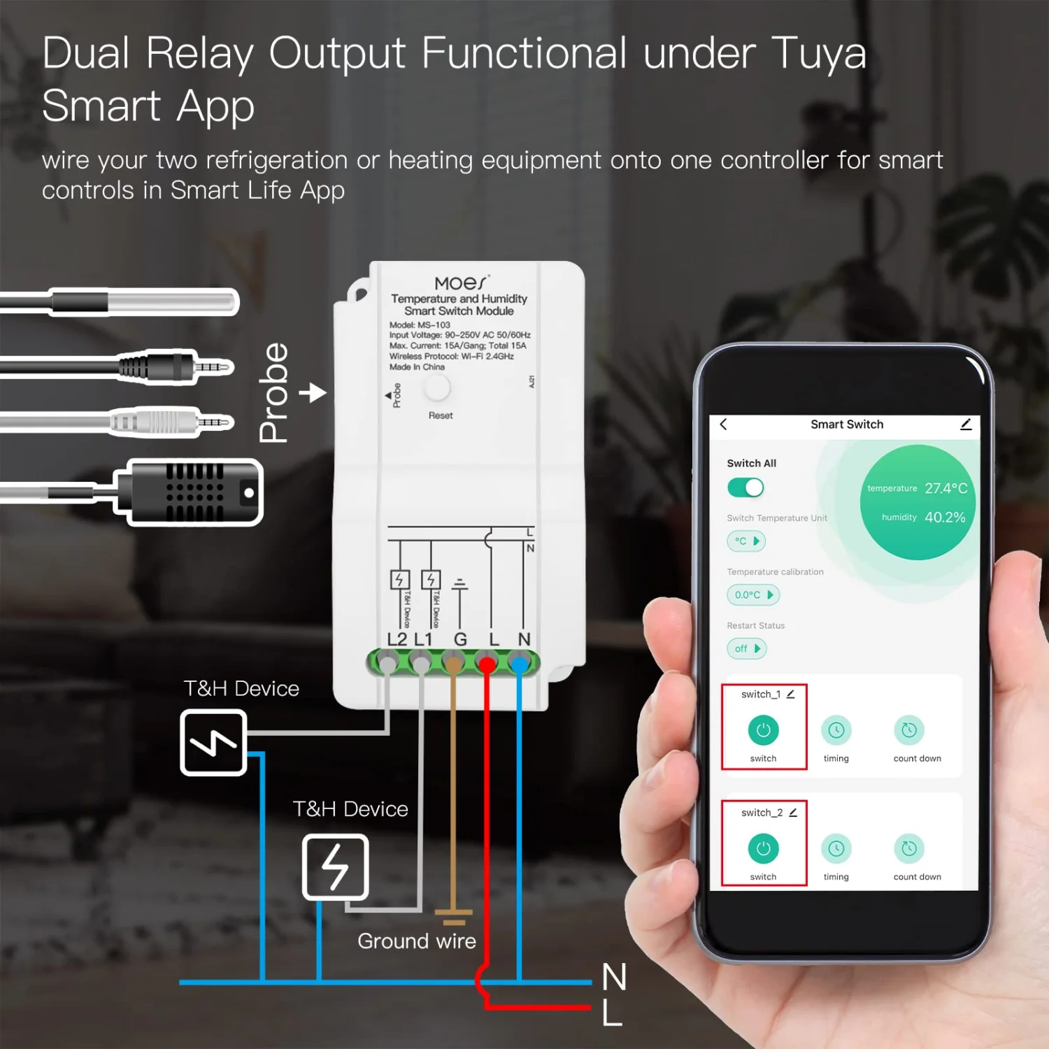 MOES WiFi Smart Temperature Switch Module with Waterproof Probe & Dual Relay Output 2