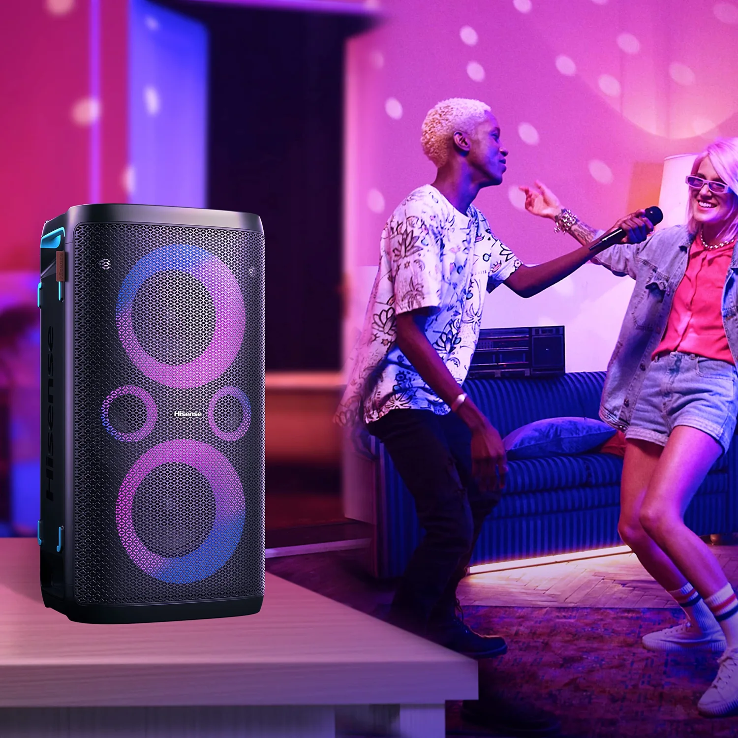 Hisense HP 110 Party Rocker One Plus Portable Party Speaker with Karaoke Mode Including 2 Microphones, 300 W Sound Volume, DJ Effects, Wireless Charging, 5 Light Effects, Up to 15 Hours Battery Life, 2