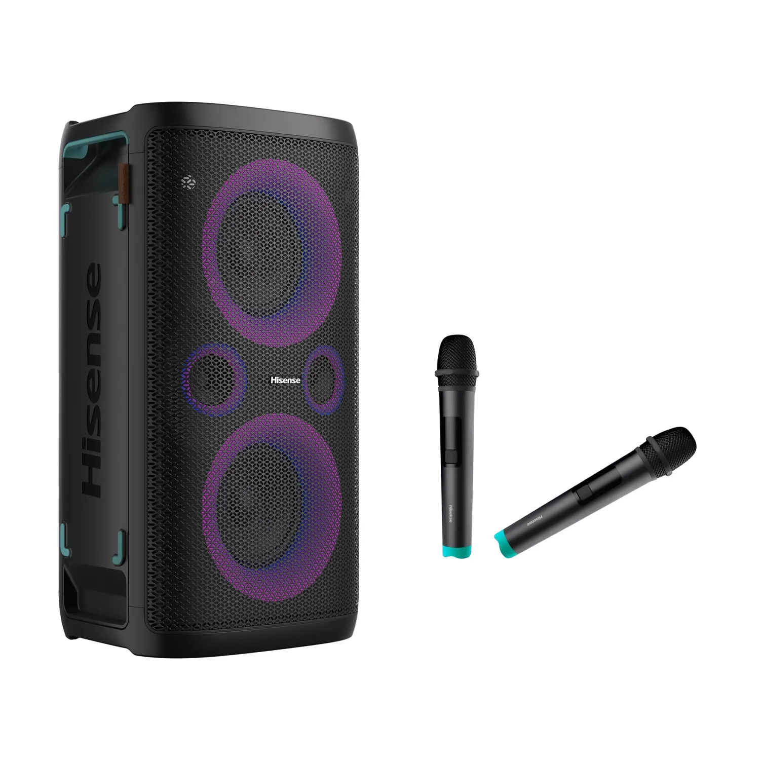 Hisense HP 110 Party Rocker One Plus Portable Party Speaker with Karaoke Mode Including 2 Microphones, 300 W Sound Volume, DJ Effects, Wireless Charging, 5 Light Effects, Up to 15 Hours Battery Life, 5