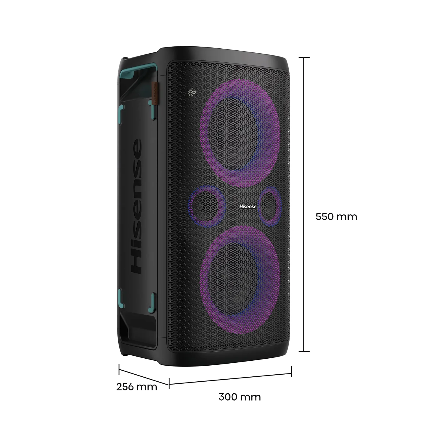 Hisense HP 110 Party Rocker One Plus Portable Party Speaker with Karaoke Mode Including 2 Microphones, 300 W Sound Volume, DJ Effects, Wireless Charging, 5 Light Effects, Up to 15 Hours Battery Life, 6