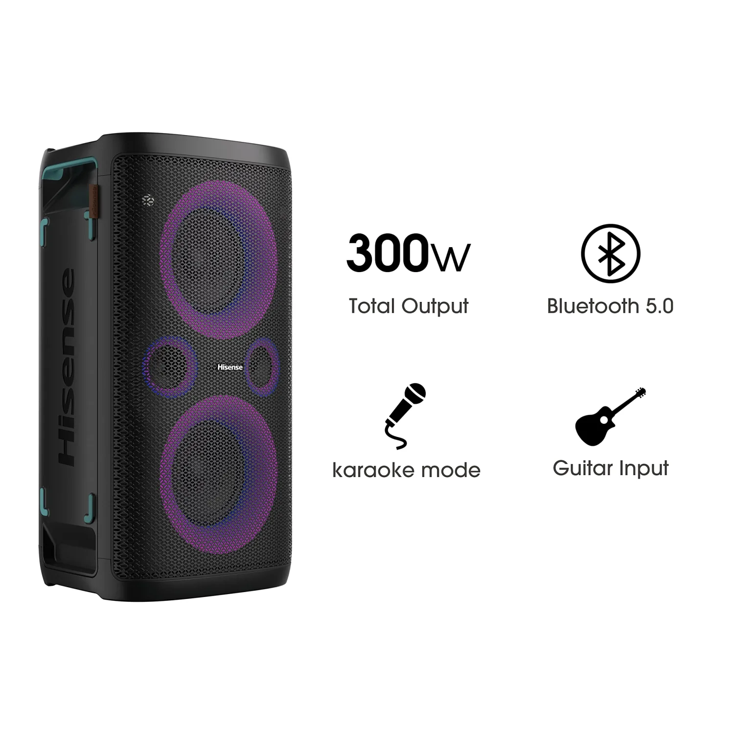 Hisense HP 110 Party Rocker One Plus Portable Party Speaker with Karaoke Mode Including 2 Microphones, 300 W Sound Volume, DJ Effects, Wireless Charging, 5 Light Effects, Up to 15 Hours Battery Life, 7