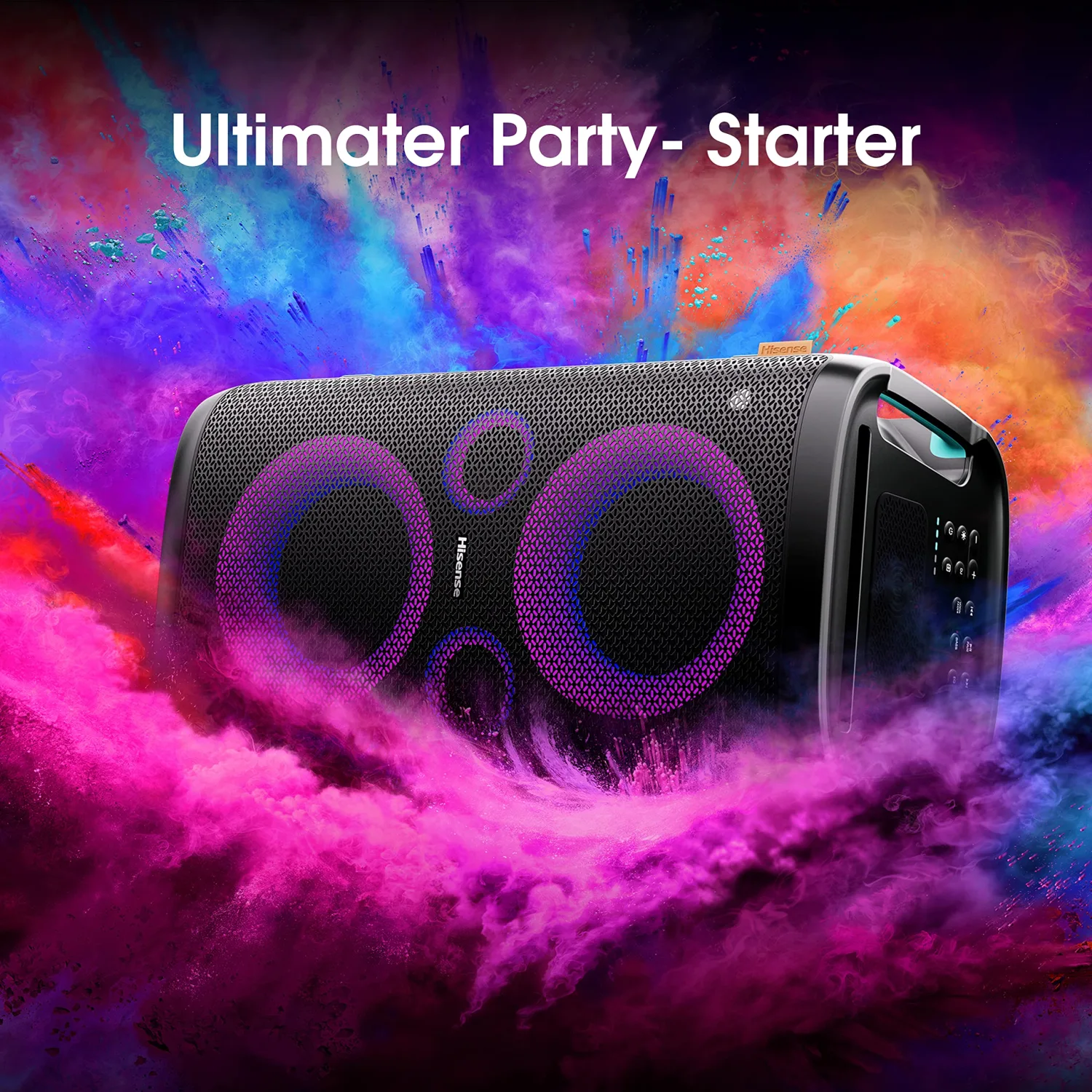 Hisense HP 110 Party Rocker One Plus Portable Party Speaker with Karaoke Mode Including 2 Microphones, 300 W Sound Volume, DJ Effects, Wireless Charging, 5 Light Effects, Up to 15 Hours Battery Life, 11