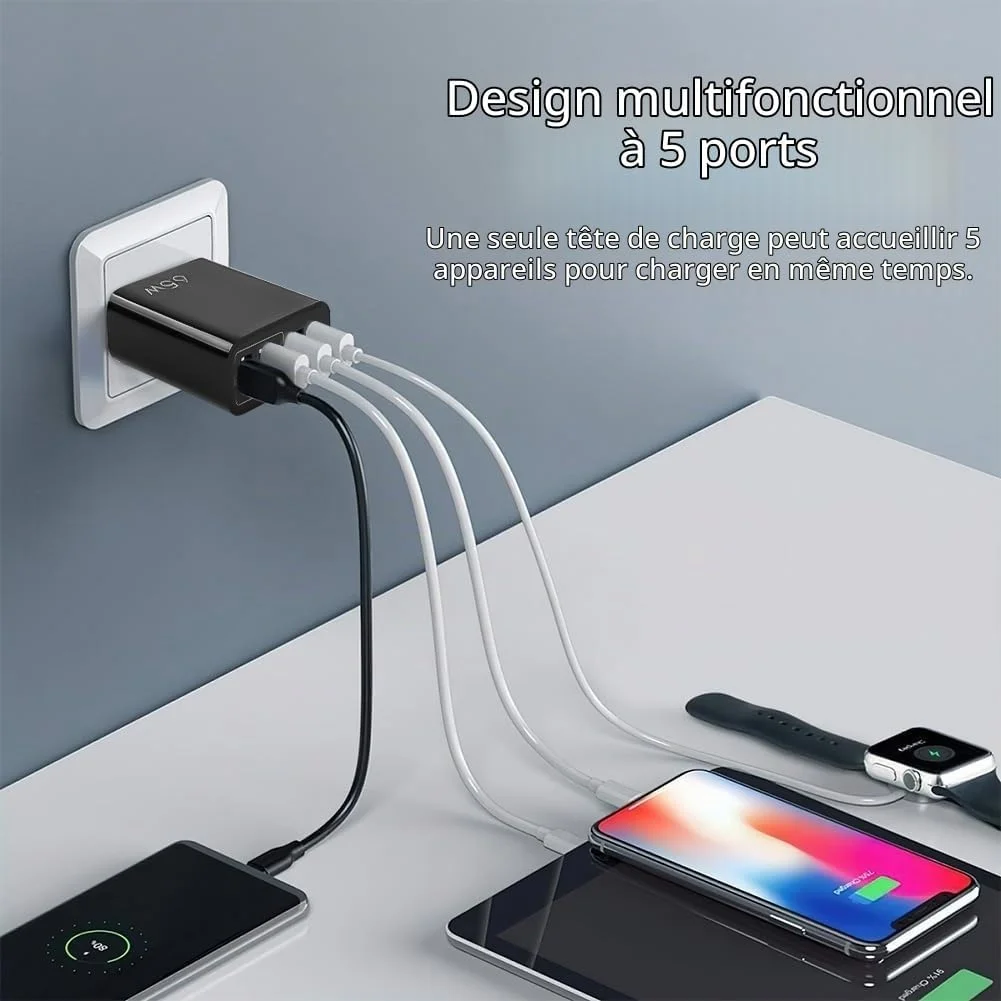 AXFEE 65W 5-Port Fast USB C Charger Hub with QC 3.0 (Black) 2