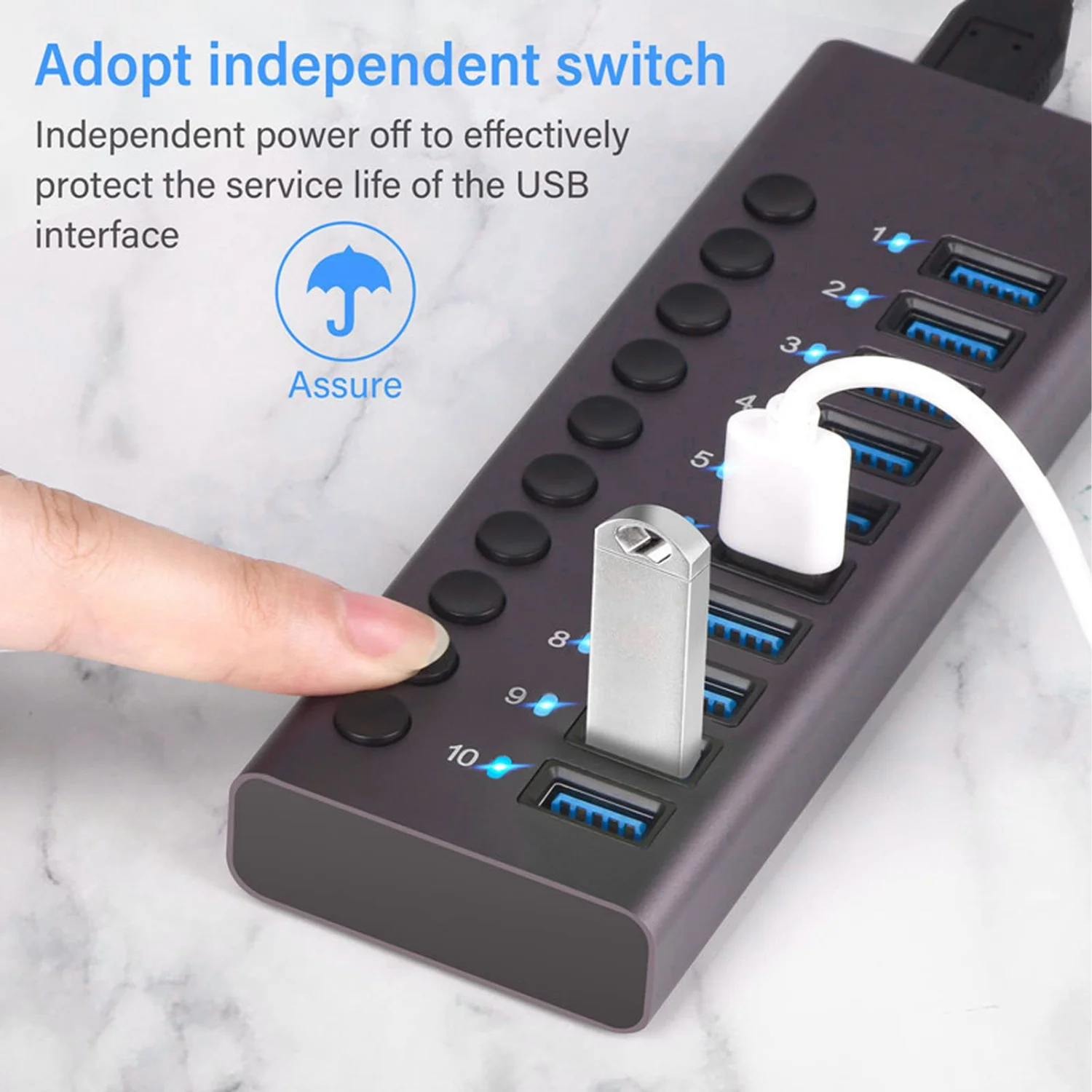 10-Port Powered USB 3.0 Hub with Individual Power Switches & Aluminum Body 2