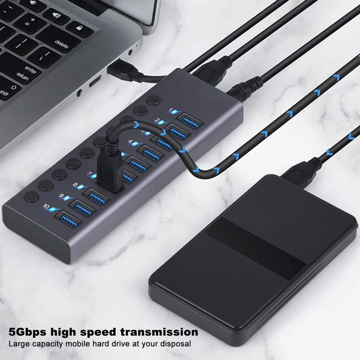 10-Port Powered USB 3.0 Hub with Individual Power Switches & Aluminum Body 3