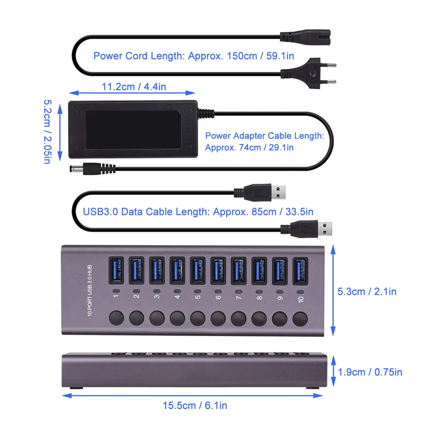10-Port Powered USB 3.0 Hub with Individual Power Switches & Aluminum Body 5