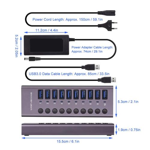 10-Port Powered USB 3.0 Hub with Individual Power Switches & Aluminum Body