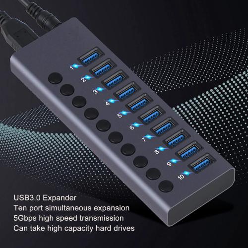 10-Port Powered USB 3.0 Hub with Individual Power Switches & Aluminum Body