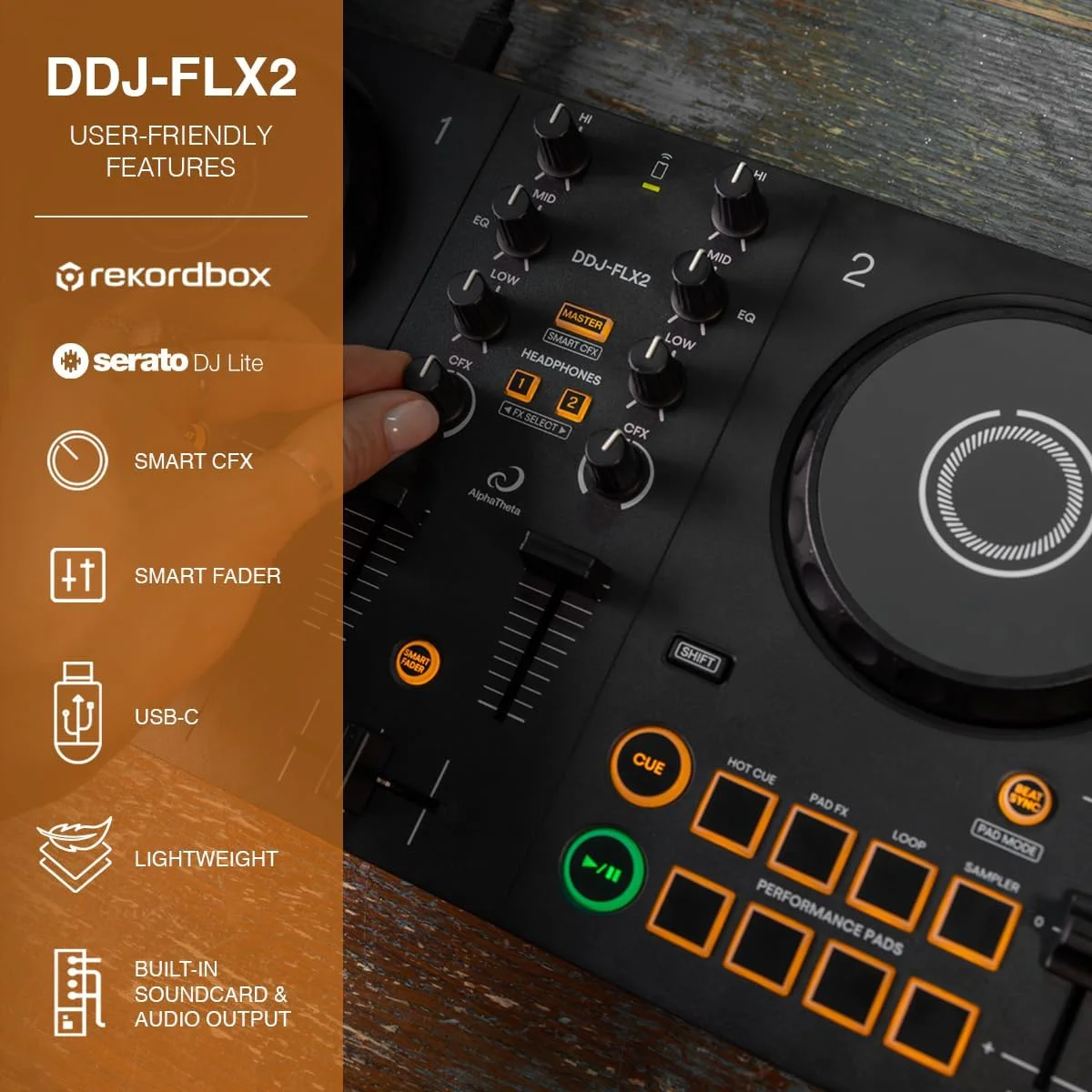 AlphaTheta DDJ-FLX2 Compact 2-Channel Smart DJ Controller with USB-C and Bluetooth 4