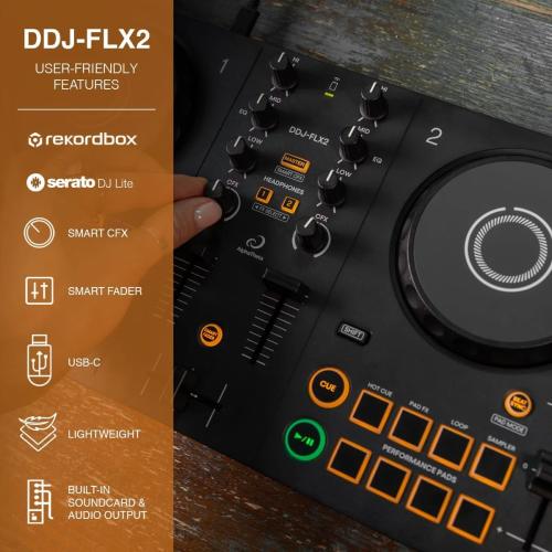 AlphaTheta DDJ-FLX2 Compact 2-Channel Smart DJ Controller with USB-C and Bluetooth