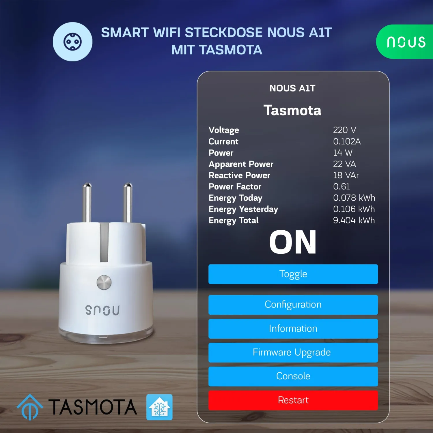 Nous A1T Smart WiFi Plug with Tasmota Pre-installed, 16A Energy Monitoring 2