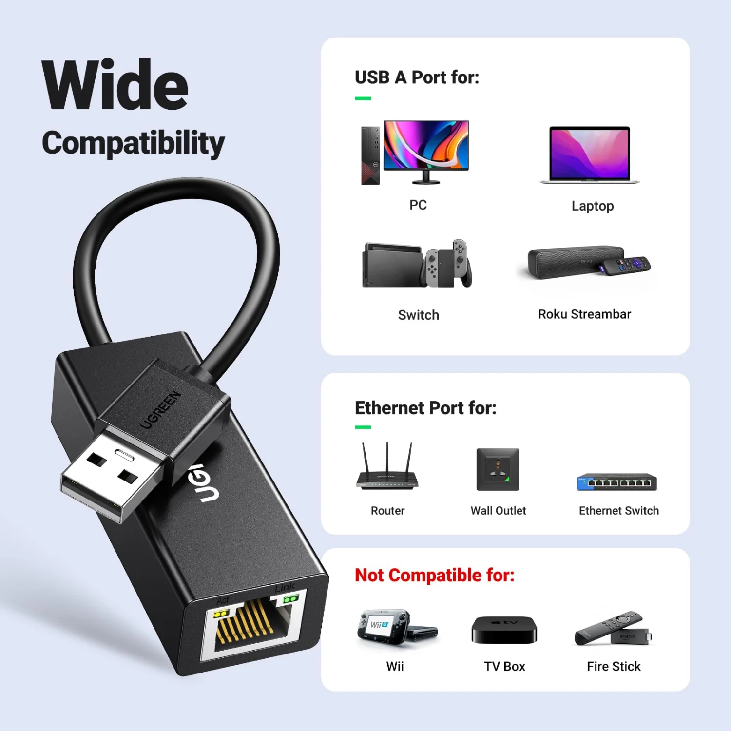 UGREEN USB 2.0 to 10/100Mbps Ethernet Network Adapter - Black 20254 6