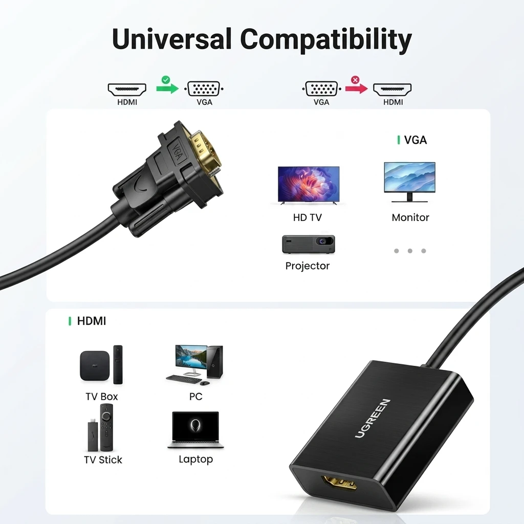 UGREEN Active HDMI Female to VGA Male Adapter with 3.5mm Audio & Micro USB Power 20694 5