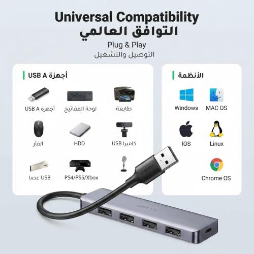 UGREEN 4-Port USB 3.0 Data Hub with USB-C Power Port (15cm) 50985