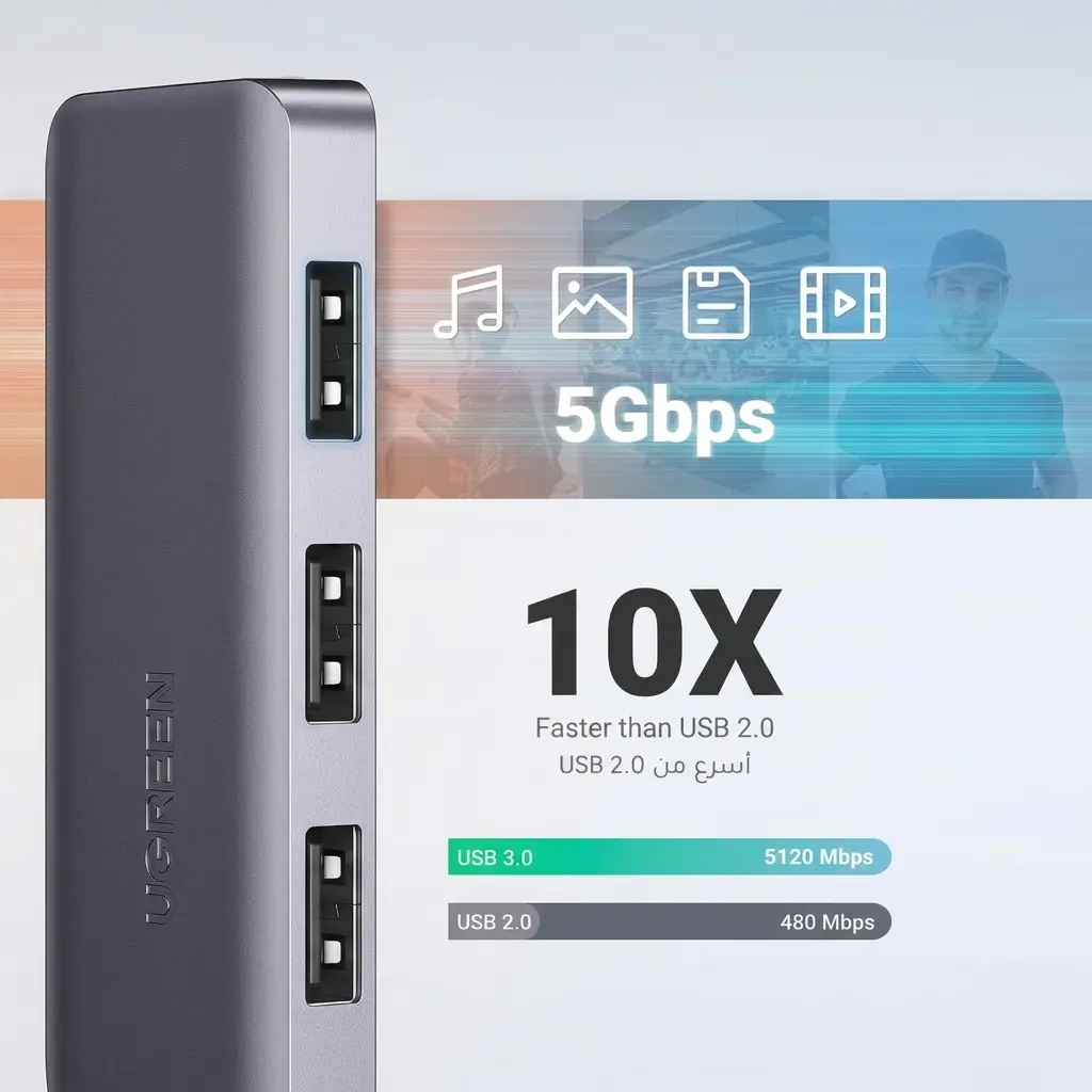 UGREEN 4-Port USB 3.0 Data Hub with USB-C Power Port (15cm) 50985 4