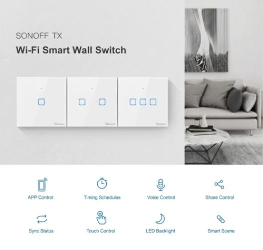 SONOFF T2UK3C-TX 3-Gang Wi-Fi Smart Touch Wall Switch - White