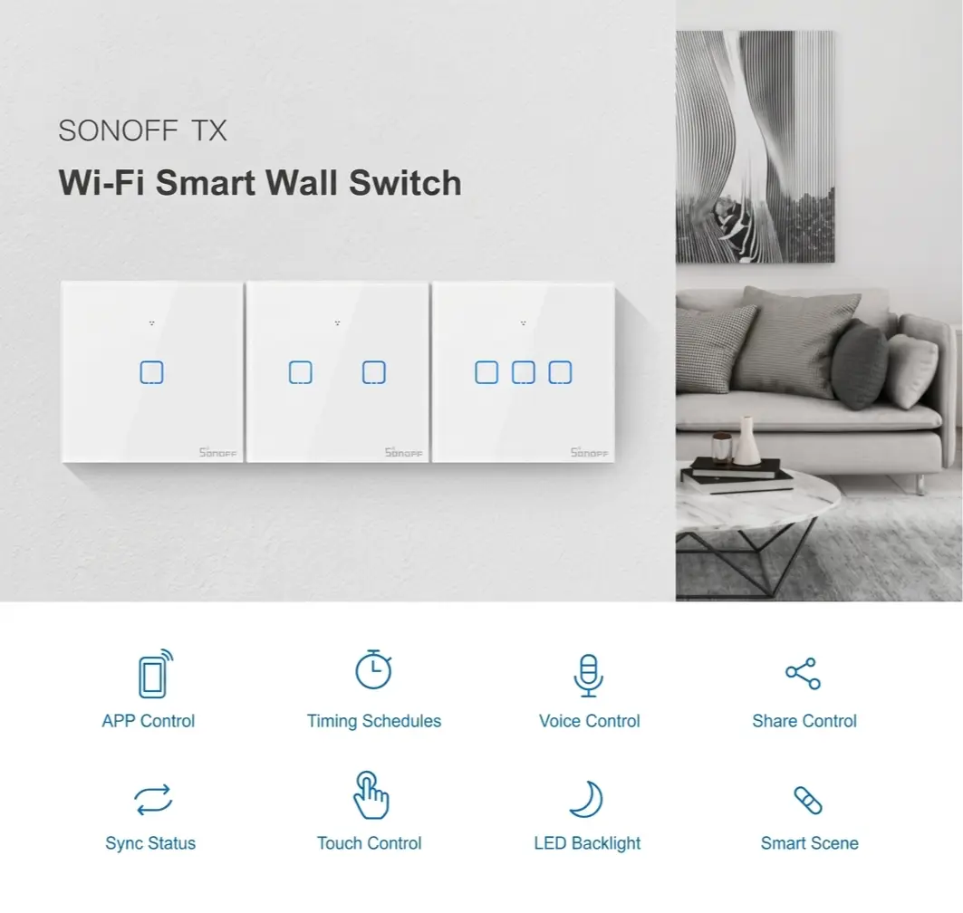 SONOFF T2UK3C-TX 3-Gang Wi-Fi Smart Touch Wall Switch - White 5