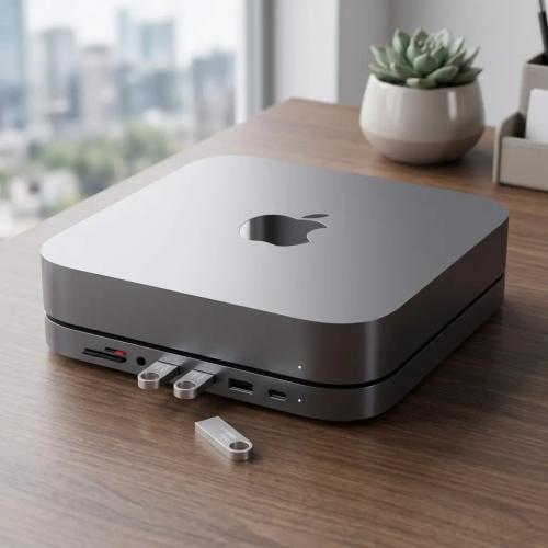 Satechi Type-C Aluminum Stand & Hub with USB-C Data, Micro/SD Card Readers, USB 3.0 & Audio Jack for Mac Mini M2/M1 (Space Gray)