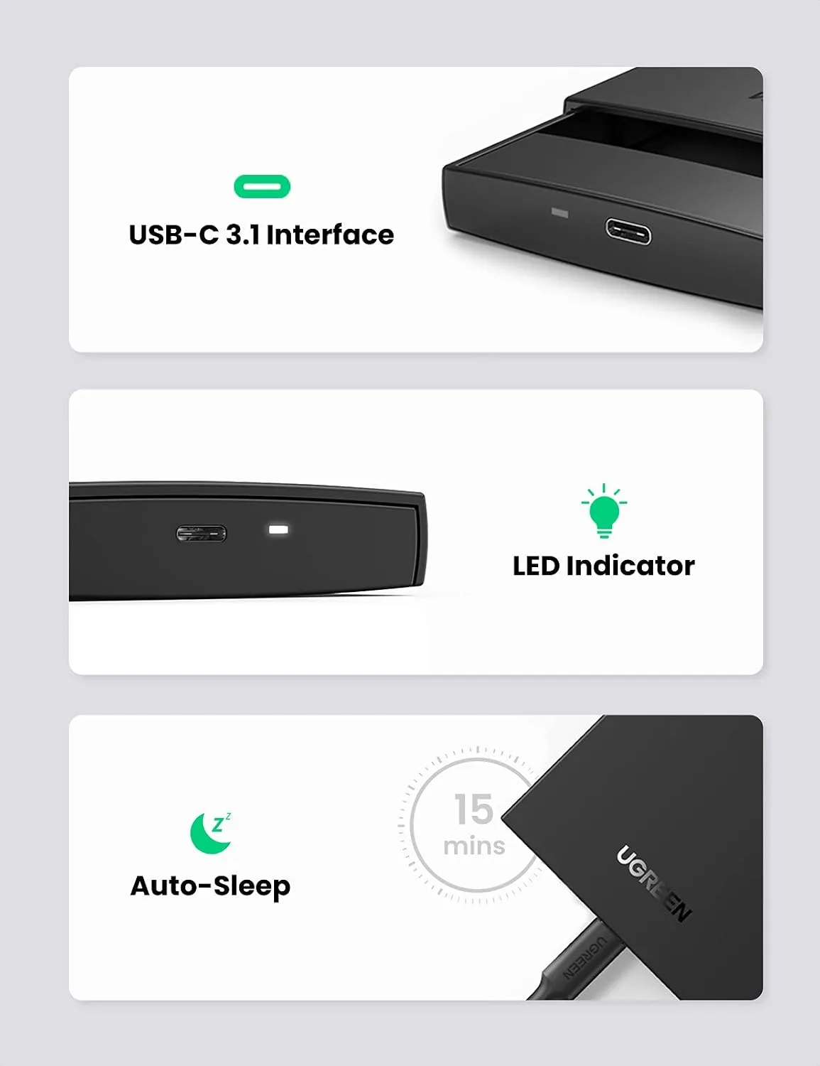 UGREEN USB-C 2.5 Inch SATA Hard Drive Enclosure - 6Gbps UASP Supported 80556 8