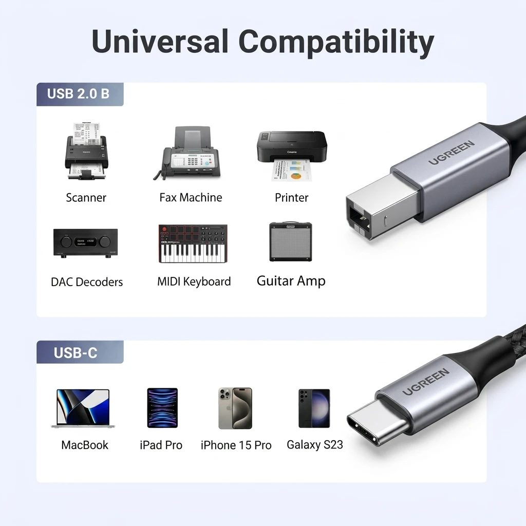 UGREEN USB-C to USB-B Printer Cable - 0.9M Nylon Braided MIDI & Data Sync Cord 80805 5
