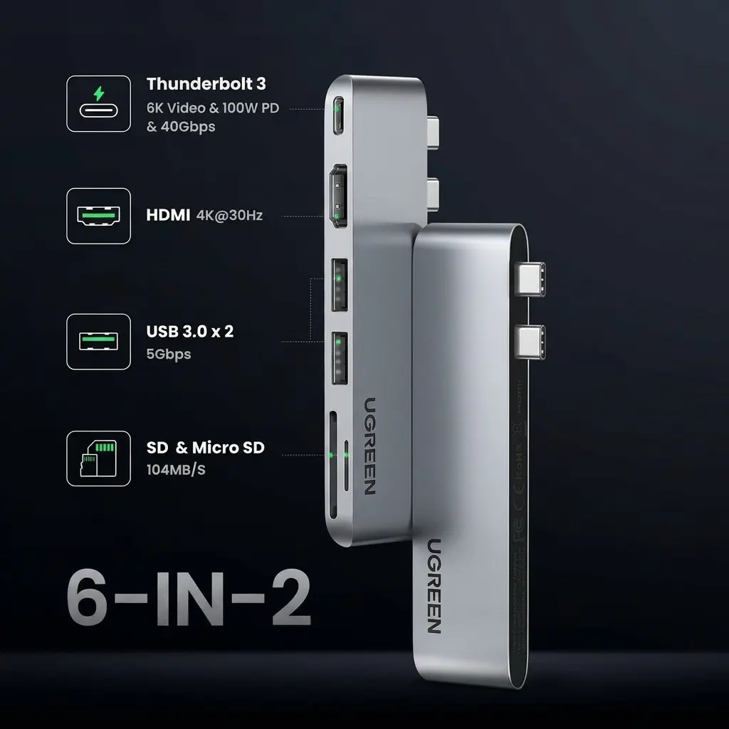 UGREEN 6-in-2 USB-C Hub Adapter for MacBook Pro & Air with 4K HDMI, Thunderbolt 3, and SD/TF Card Reader 80856 2