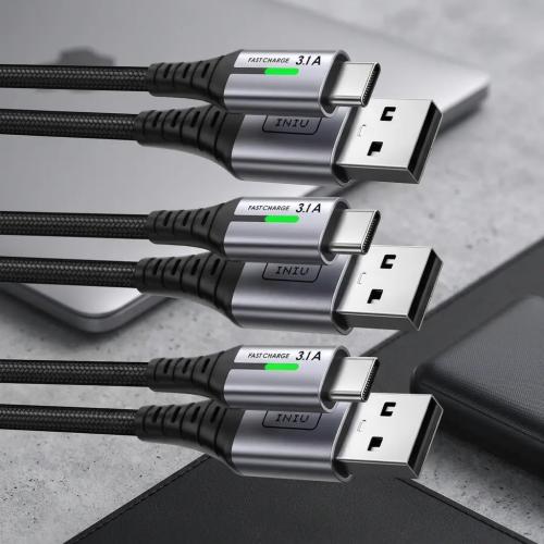 INIU USB-C Fast Charger Cable 3-Pack (0.5m + 2m + 2m) USB-A to Type-C Braided Cord