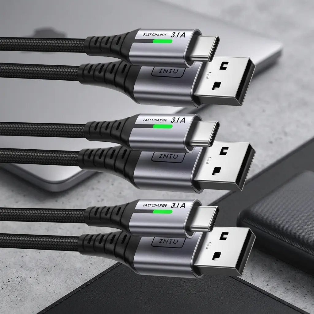 INIU USB-C Fast Charger Cable 3-Pack (0.5m + 2m + 2m) USB-A to Type-C Braided Cord