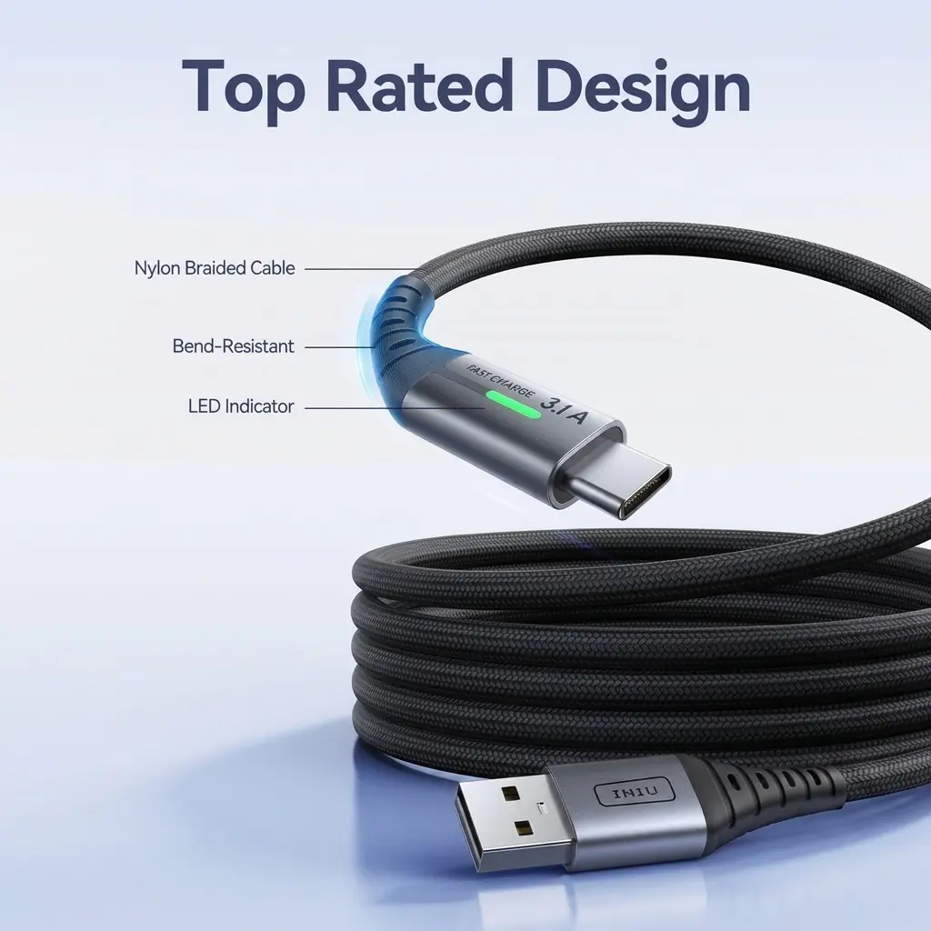 INIU USB-C Fast Charger Cable 3-Pack (0.5m + 2m + 2m) USB-A to Type-C Braided Cord 5