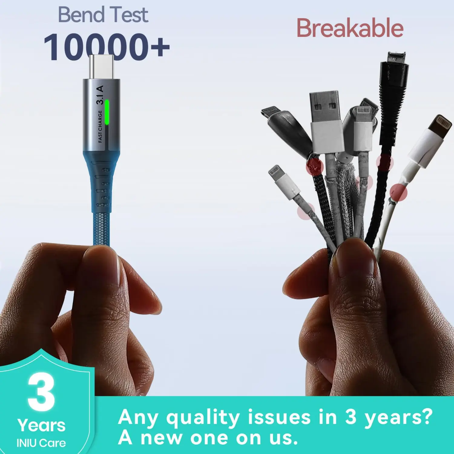 INIU USB-C Fast Charger Cable 3-Pack (0.5m + 2m + 2m) USB-A to Type-C Braided Cord 9