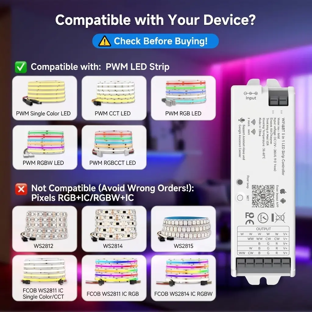 BTF-LIGHTING WB5 5-in-1 Smart WiFi LED Controller for RGB/CCT/Dimming Strips 2