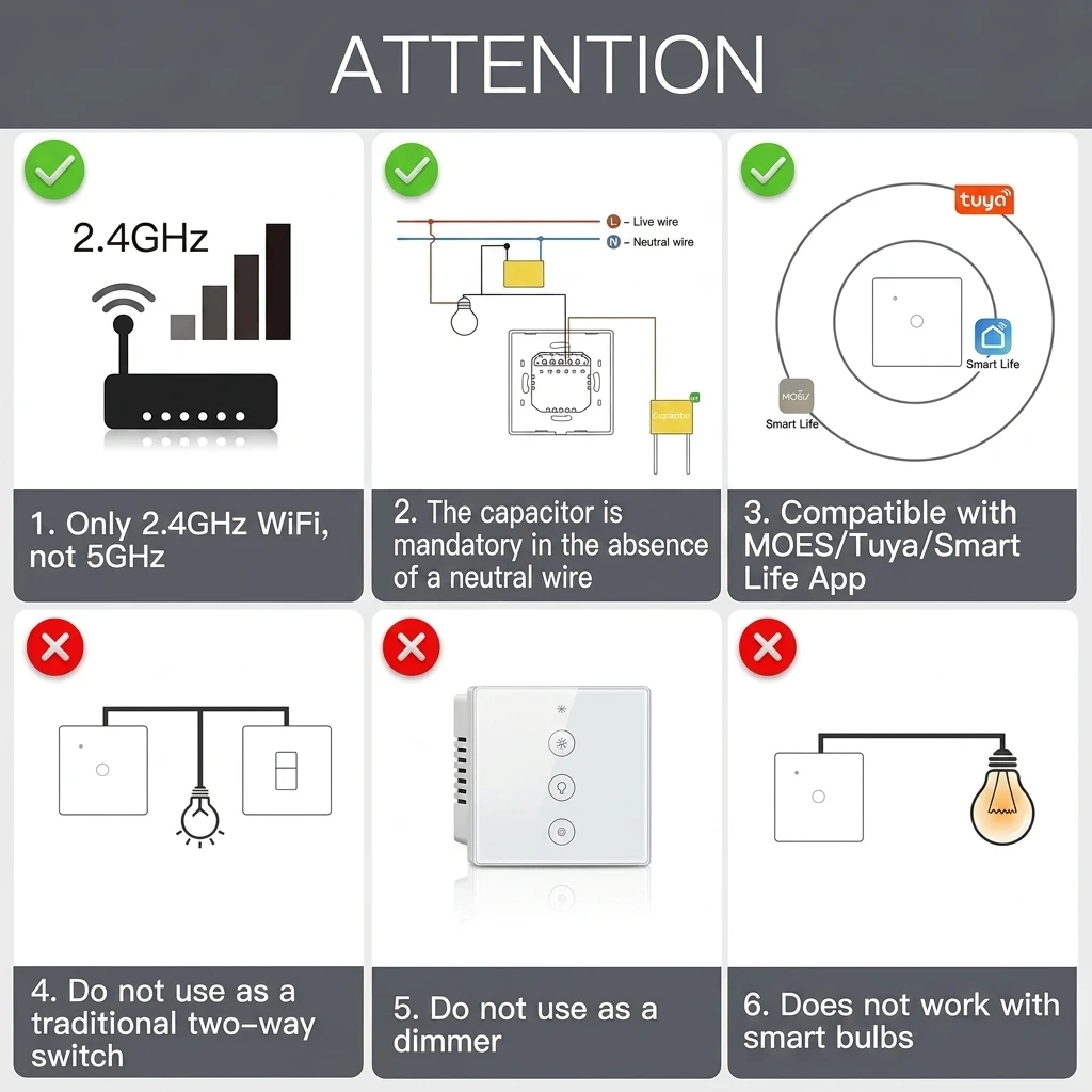 MOES 1-Gang WiFi Smart Touch Wall Switch - No Neutral Required 3