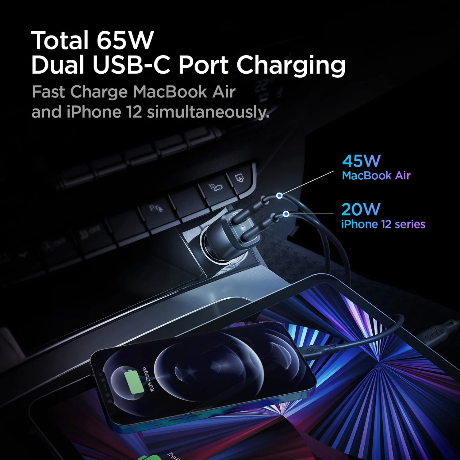 Spigen ArcStation 65W Dual Port USB-C Car Charger (45W + 20W) - PD 3.0 Fast Charging 3