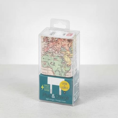 Plug & Charge USB & USB-C Wall Charger with Map Design