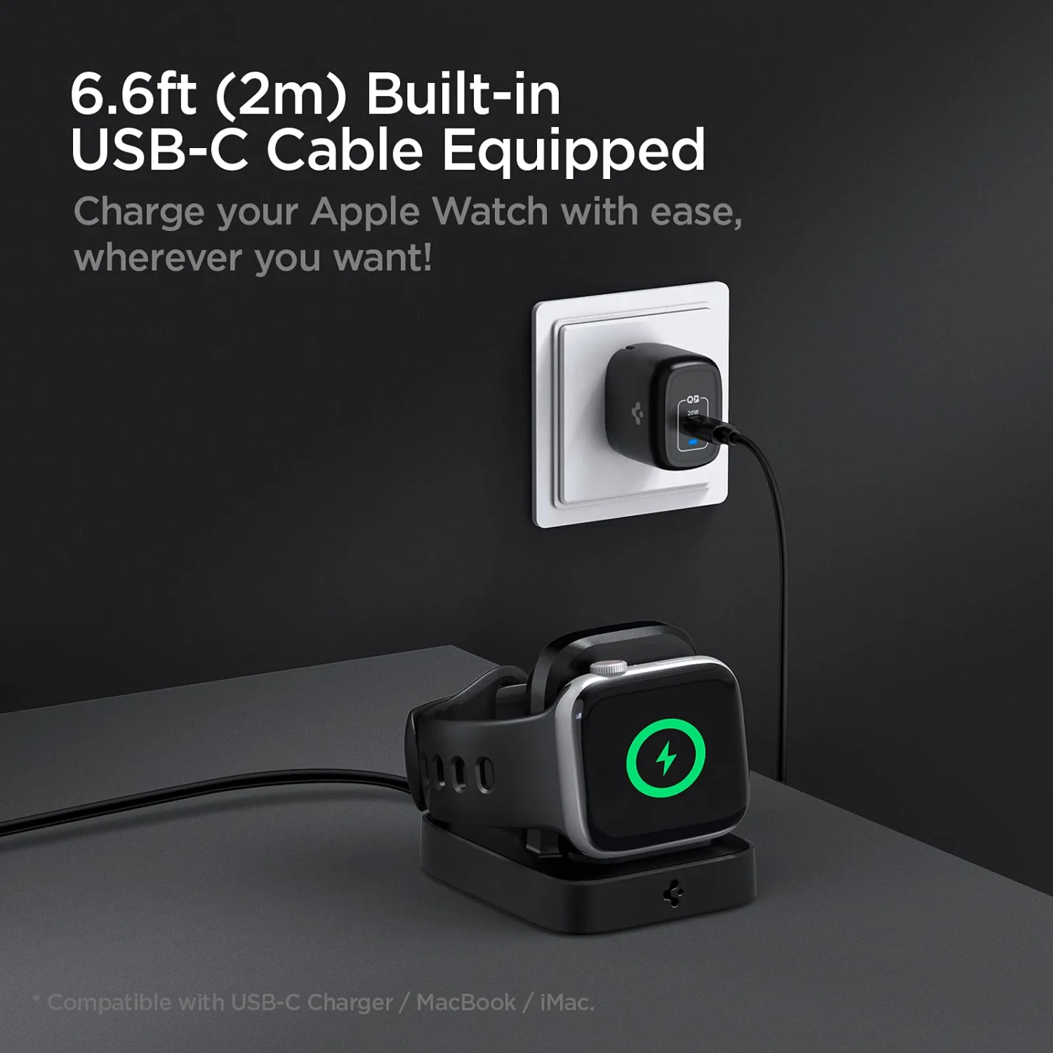 Spigen ArcField MFi Certified Charging Stand for Apple Watch Series & Ultra (Built-in 6.6ft USB-C Cable) PF2002 5