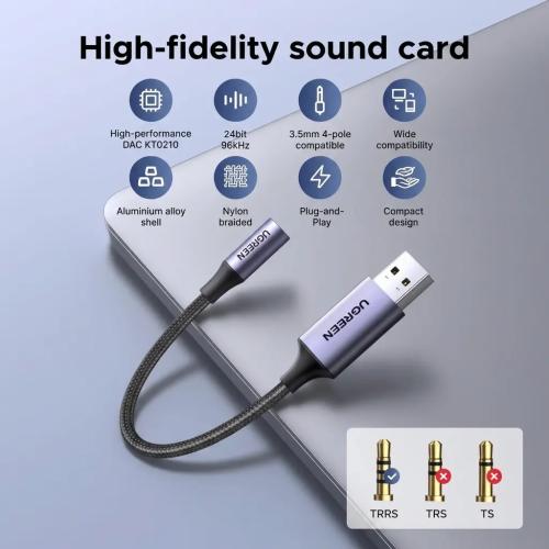UGREEN USB to 3.5mm Audio Adapter, External Sound Card DAC 24bit/96kHz with TRRS Microphone Support 30757