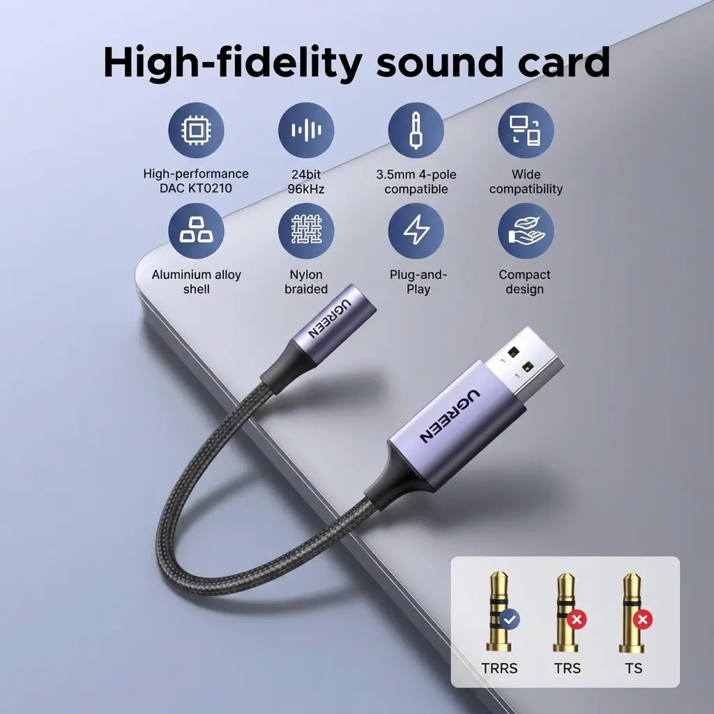 UGREEN USB to 3.5mm Audio Adapter, External Sound Card DAC 24bit/96kHz with TRRS Microphone Support 30757 2