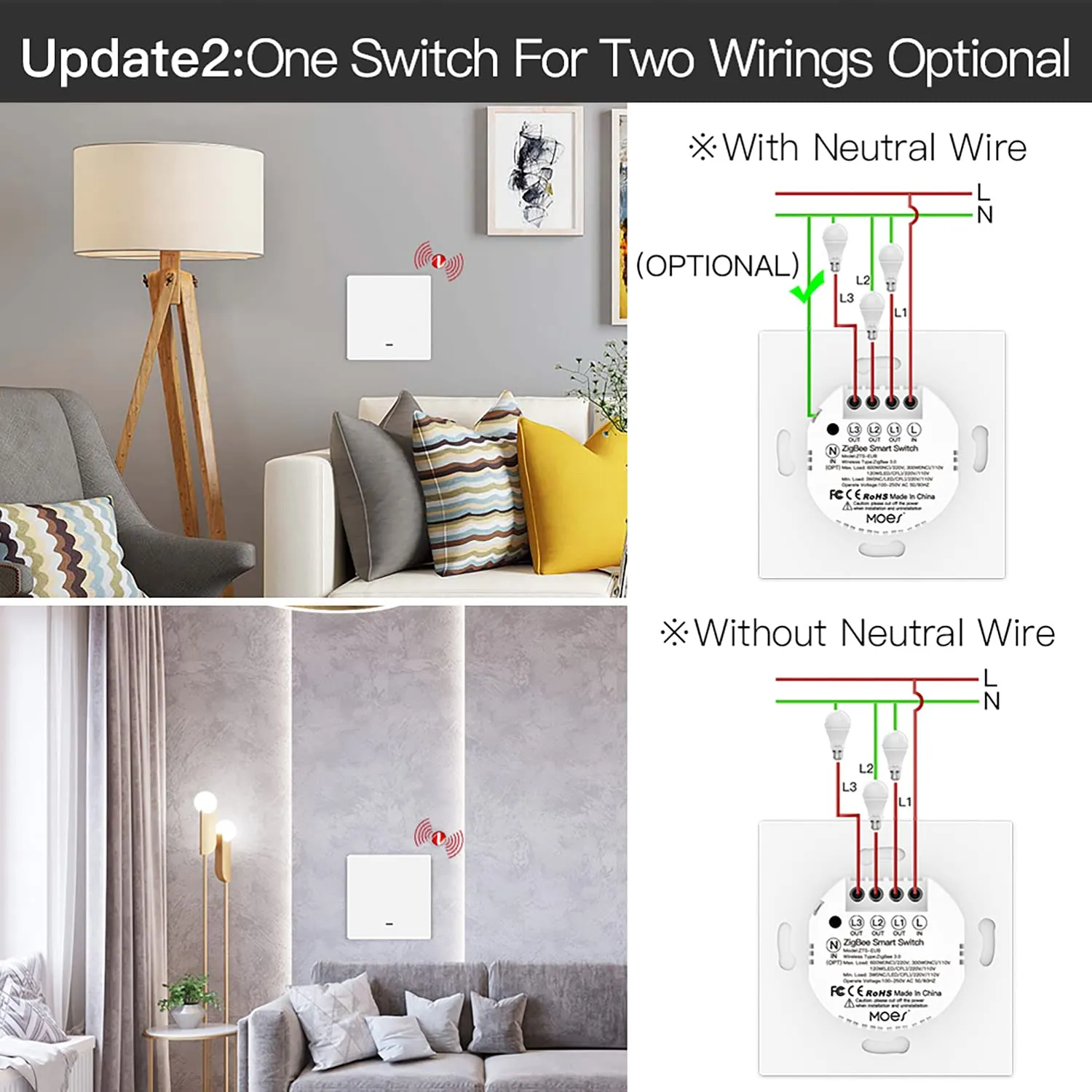 MOES ZigBee Smart Light Switch 1 Gang without Neutral Conductor No Capacitor Required, Also Works with L&N Cable, Compatible with Smart Life Tuya App Alexa Google, Tuya Zigbee Hub Required 4