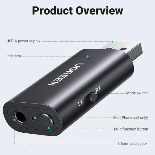 UGREEN Bluetooth 5.1 Transmitter and Receiver 2-in-1 Adapter with 3.5mm Aux 60300