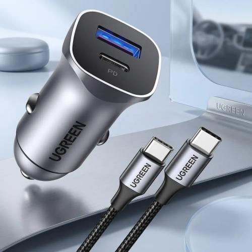 UGREEN 30W USB-C Car Charger PD 3.0 Fast Charger with Braided Cable - Space Grey 90314