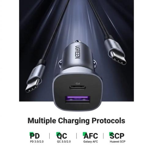 UGREEN 30W USB-C Car Charger PD 3.0 Fast Charger with Braided Cable - Space Grey 90314