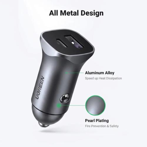UGREEN 30W USB-C Car Charger PD 3.0 Fast Charger with Braided Cable - Space Grey 90314