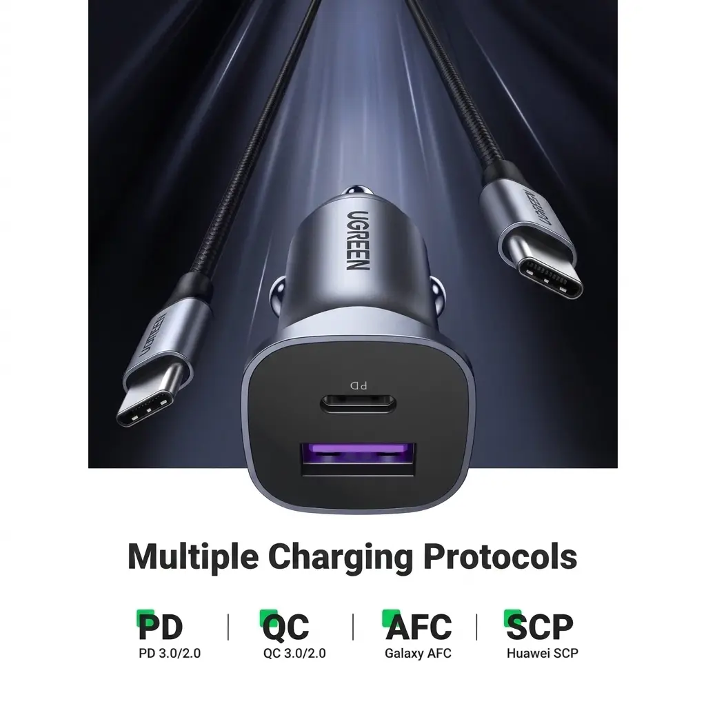UGREEN 30W USB-C Car Charger PD 3.0 Fast Charger with Braided Cable - Space Grey 90314 2