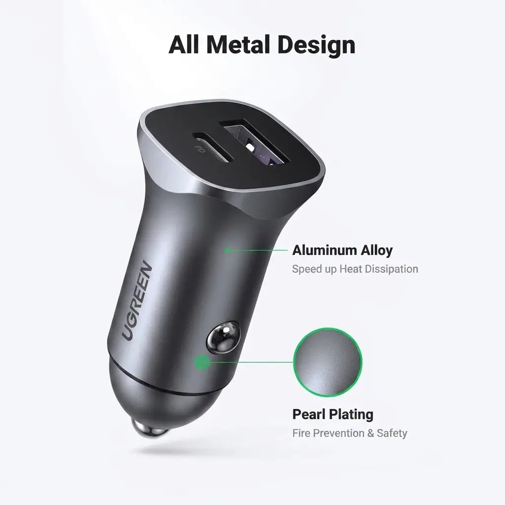 UGREEN 30W USB-C Car Charger PD 3.0 Fast Charger with Braided Cable - Space Grey 90314 5